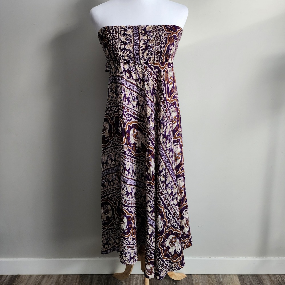 Elephant Print Convertible Maxi Dress Womens Medium Purple Thailand Smocked‎ Tie
